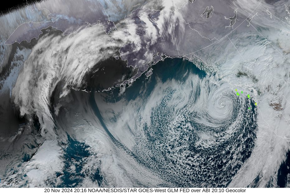 Bomb Cyclone Satellite Image valid 11/20/24 20:16 via GOES-West. Courtesy of NOAA