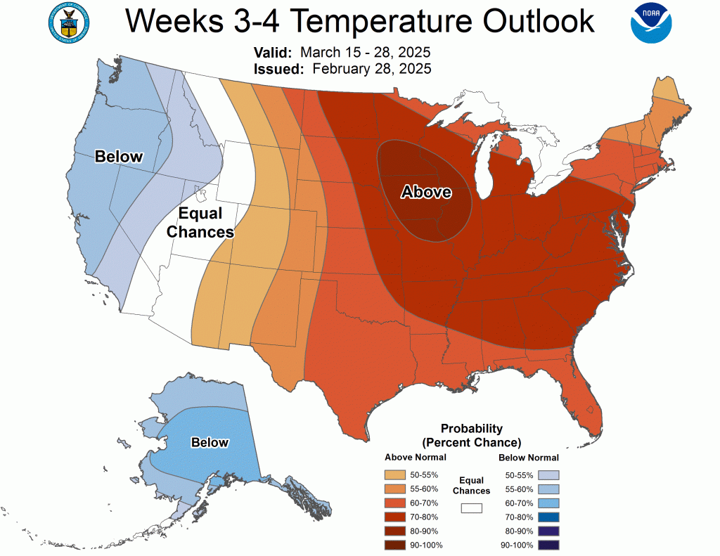 Temperature Outlook valid March 15-28. Courtesy of the Climate Prediction Center