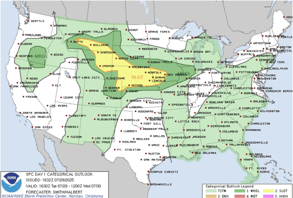 Convective Day 1 Outlook - valid 7/29/25 via SPC