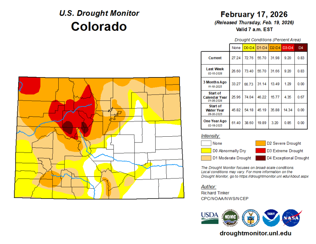 Colorado Drought Monitor as of February 17th, 2026 depicting much of the Denver Metro Area in a Severe Drought - map by NOAA