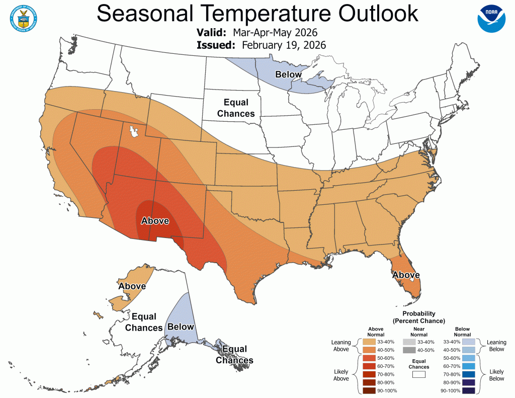 Seasonal Temperature Outlook with above normal temperatures predicted for Colorado from March-May 2026 - map by NOAA