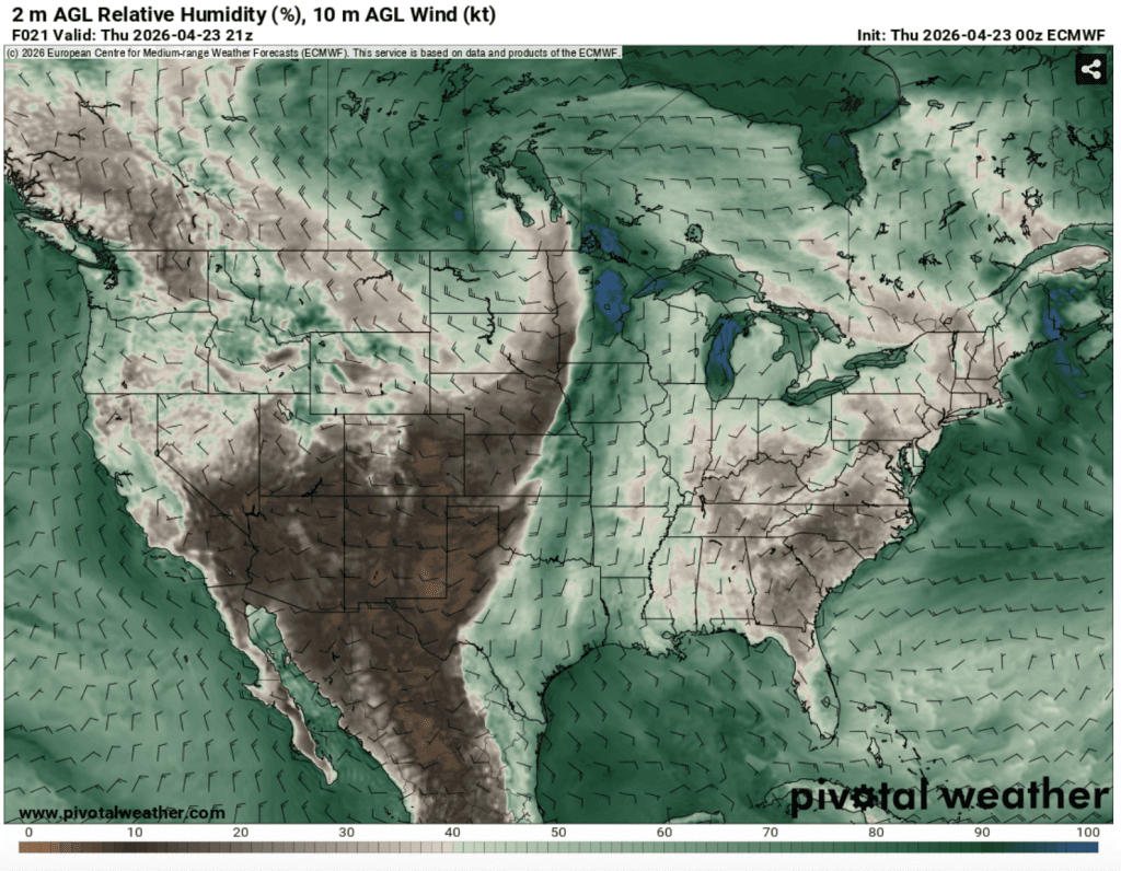 Relative Humidity (ECMWF 0Z) valid 4/23/26 via Pivotal Weather depicting a strong dry line.