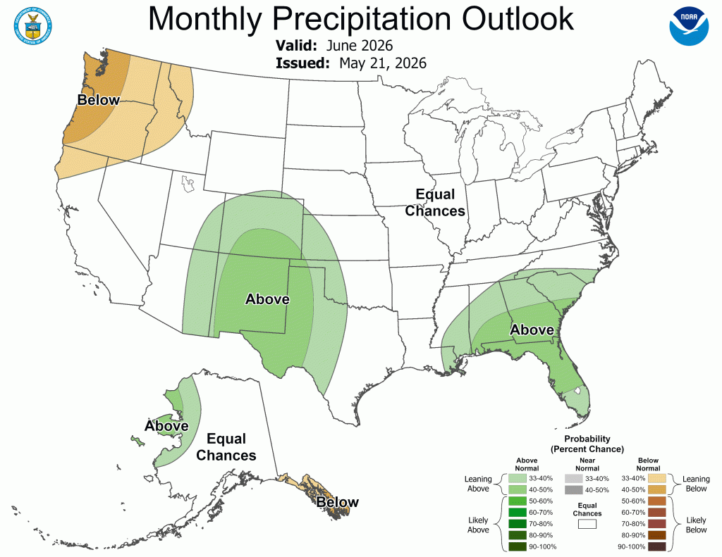 Monthly Precipitation Outlook for June 2026 showing above average chance of precipitation for much of Colorado - NOAA & Climate Prediction Center