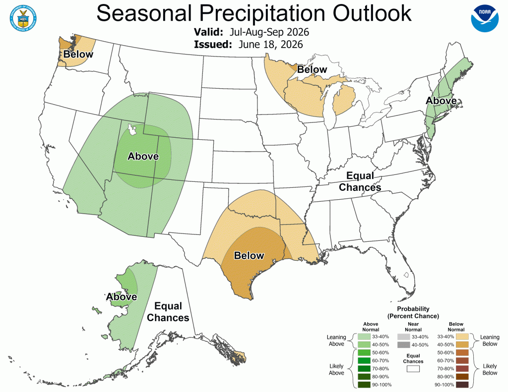 Seasonal Precipitation Outlook for July, August, and September 2026 (as of June 18th, 2026) depicting an above average outlook for the western portion of Colorado - Climate Prediction Center/NOAA